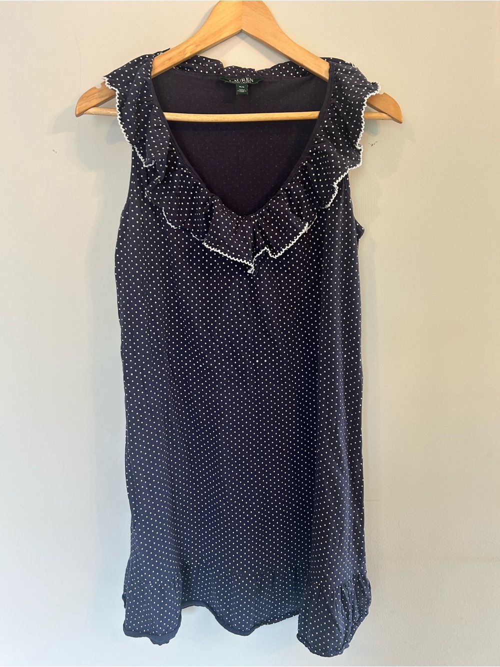 Ralph Lauren Nautical Sailor Navy White Polka Dot Ruffle Sleeveless Nightgown M
